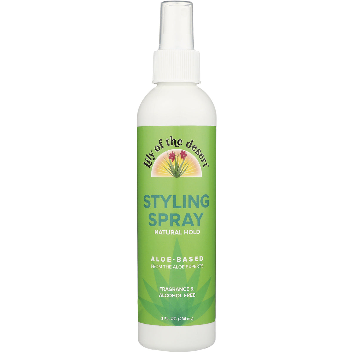 LIL009 | green bottle of Lily of the Desert styling spray, aloe-based natural hold, 8 fl oz