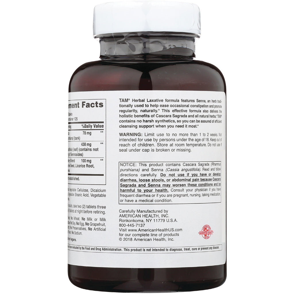 AM138 | Back label showing supplement facts, warnings, and manufacturer information for TAM Herbal Laxative - Thumbnail