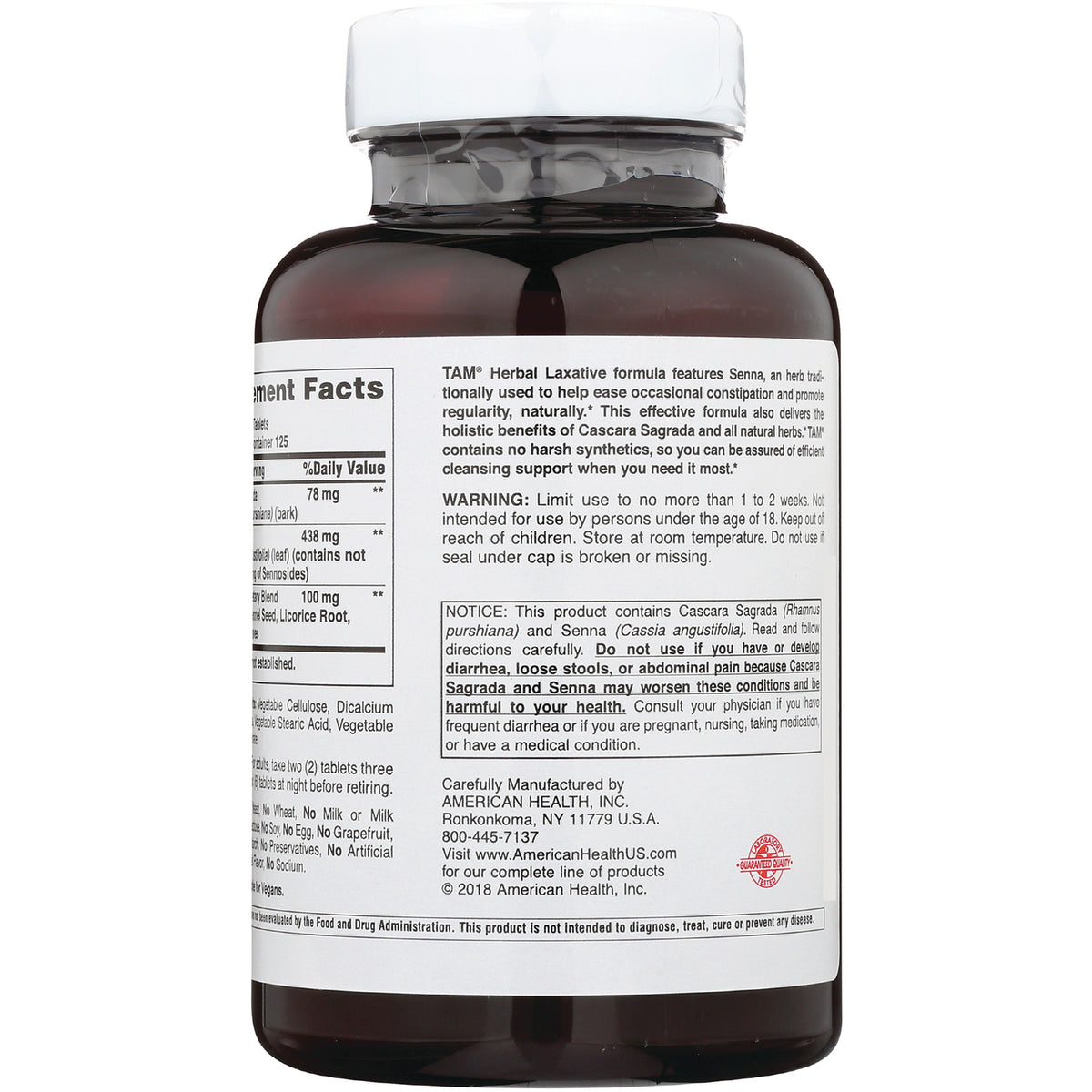 AM138 | Back label showing supplement facts, warnings, and manufacturer information for TAM Herbal Laxative