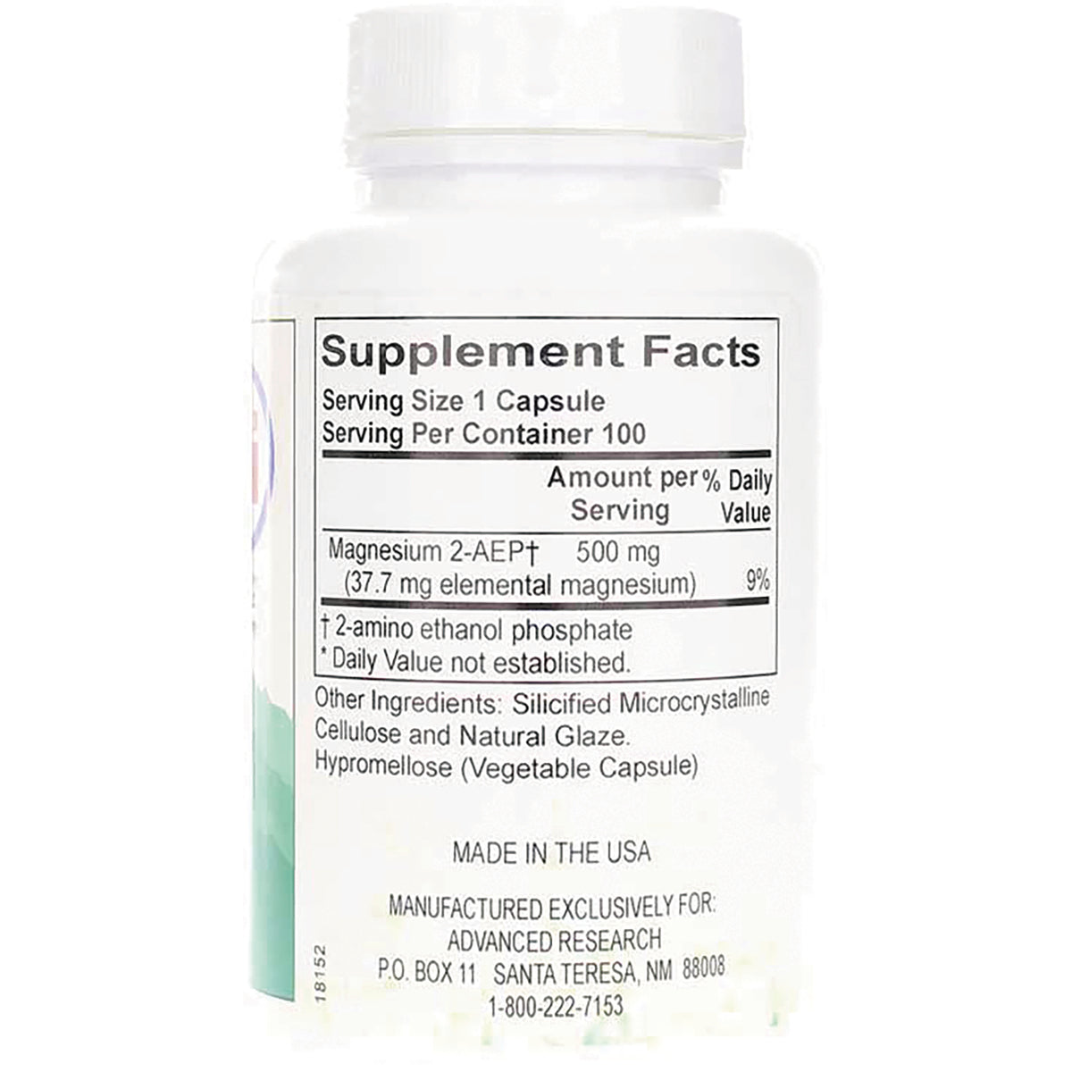 ADR018 | Back label Supplement Facts: Serving size 1 capsule, 100 servings; Magnesium 2-AEP+ 500 mg; Made in the USA