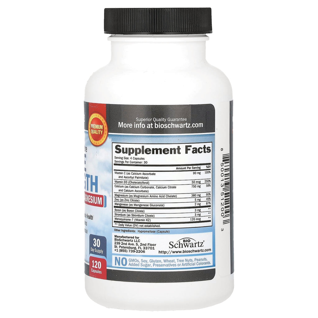 BSZ024 | Back of white supplement bottle showing Supplement Facts label, barcode, 120 capsules and BioSchwartz branding - Thumbnail