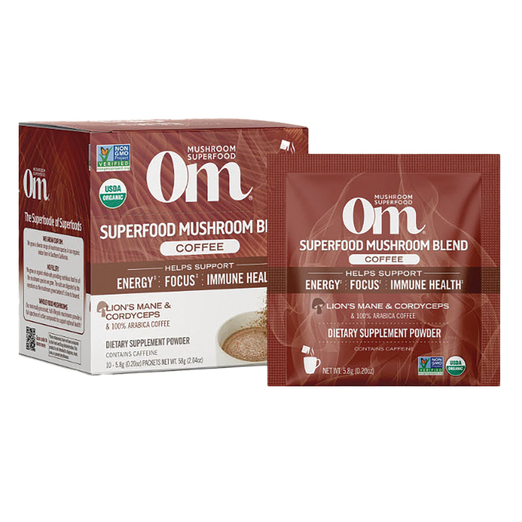 MMX035 | Om Superfood Mushroom Blend Coffee box and sachet, dietary supplement powder labeled energy, focus, immune health - Thumbnail