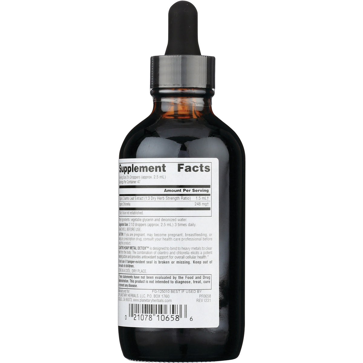 PF099 | Back of amber dropper bottle showing Supplement Facts label and barcode