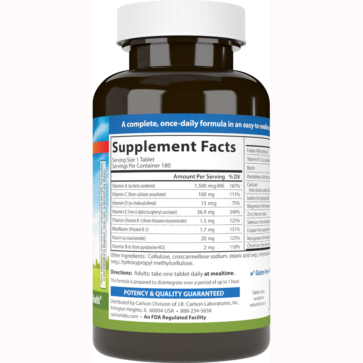 CSN200 | Back label showing Supplement Facts panel with serving size, ingredients and directions on a brown supplement bottle