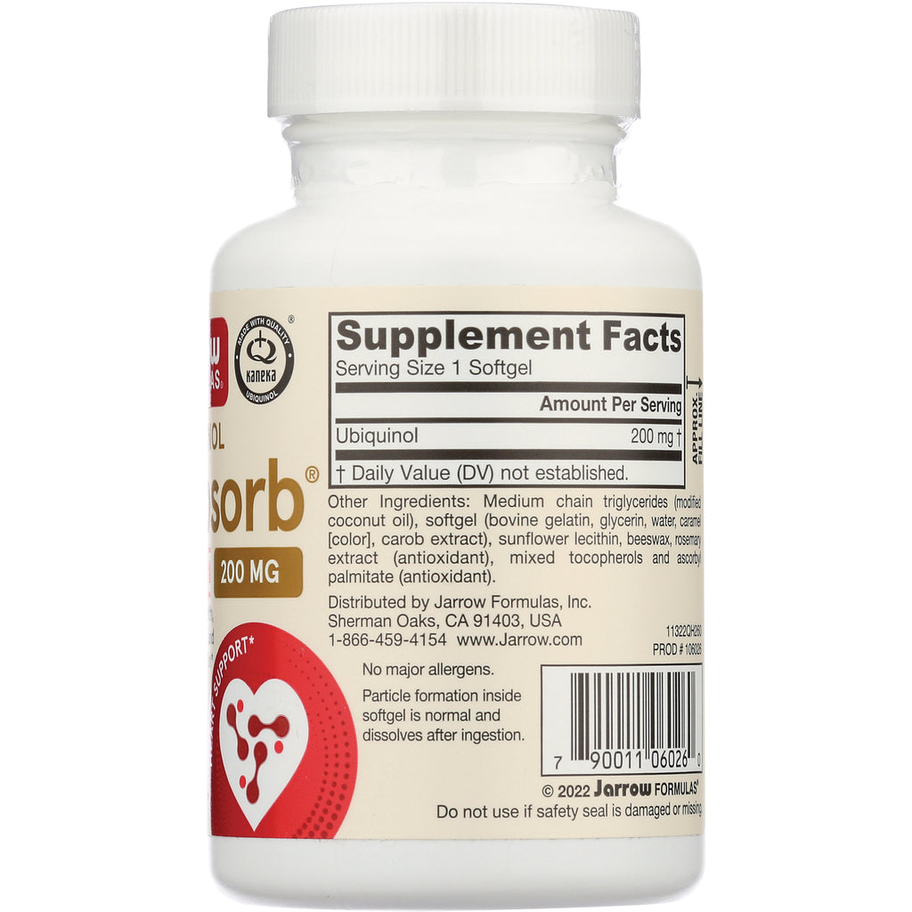 JR224 | Back label of white supplement bottle showing Supplement Facts panel, ubiquinol 200 mg, ingredients and barcode - Thumbnail
