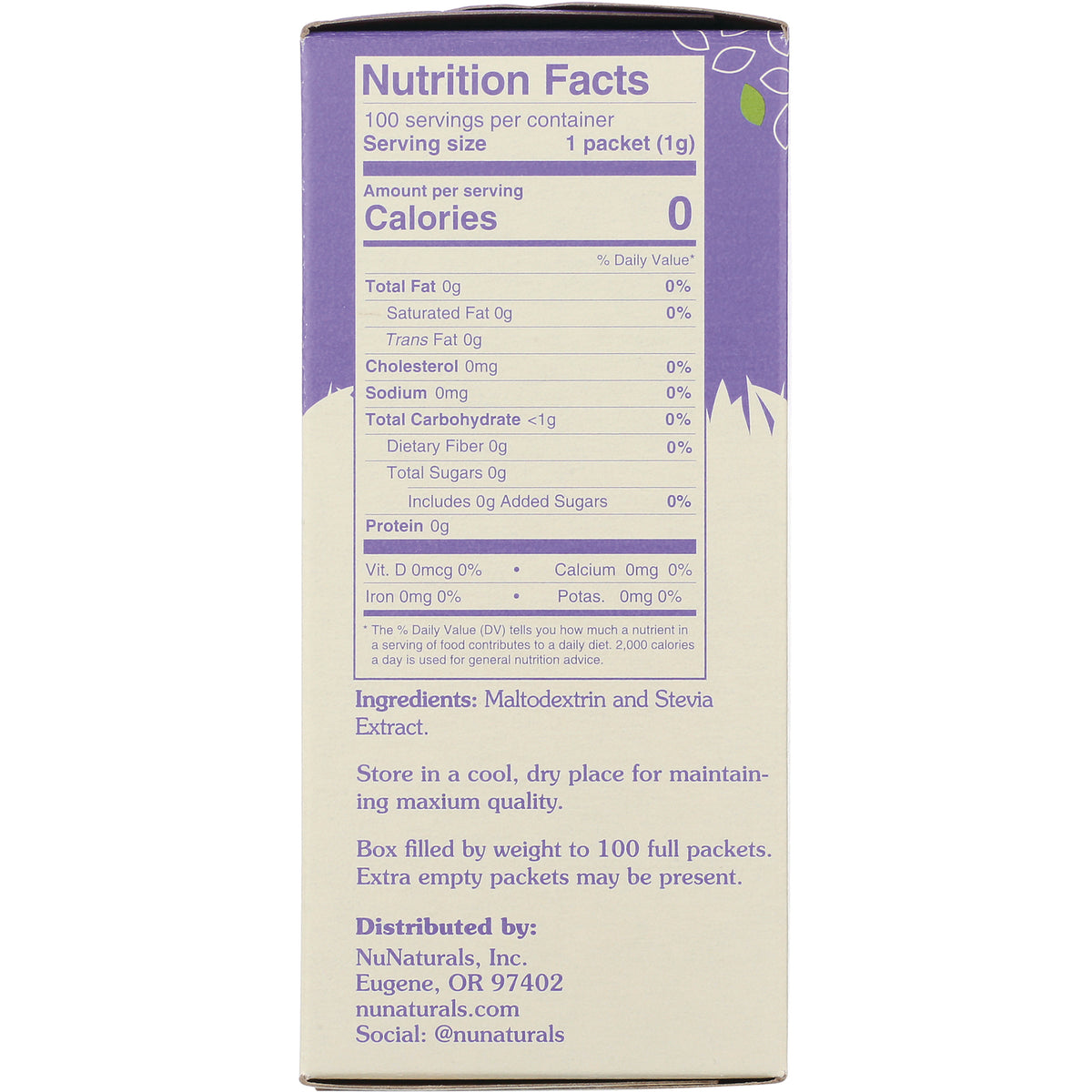 NN046 | Back panel with Nutrition Facts panel, ingredients list and distributor info for NuNaturals