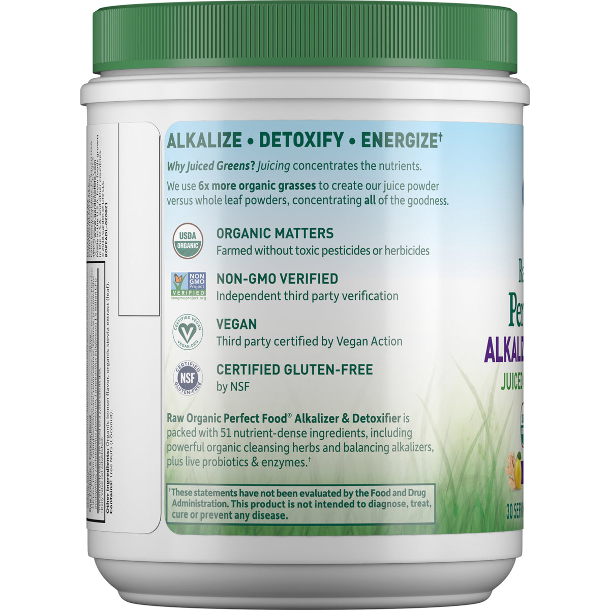GLF169 | Back label showing ALKALIZE  DETOXIFY  ENERGIZE, USDA Organic, Non-GMO, vegan and gluten-free badges and small disclaimer