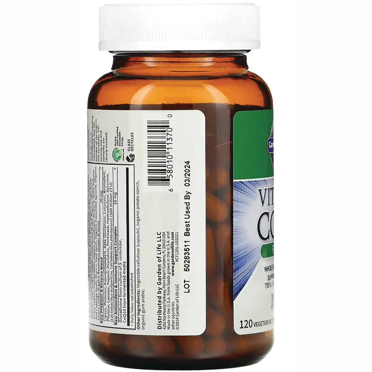 GLF037 | back label of amber supplement bottle showing barcode, ingredient panel, LOT 50283511 and Best Used By 03/2024