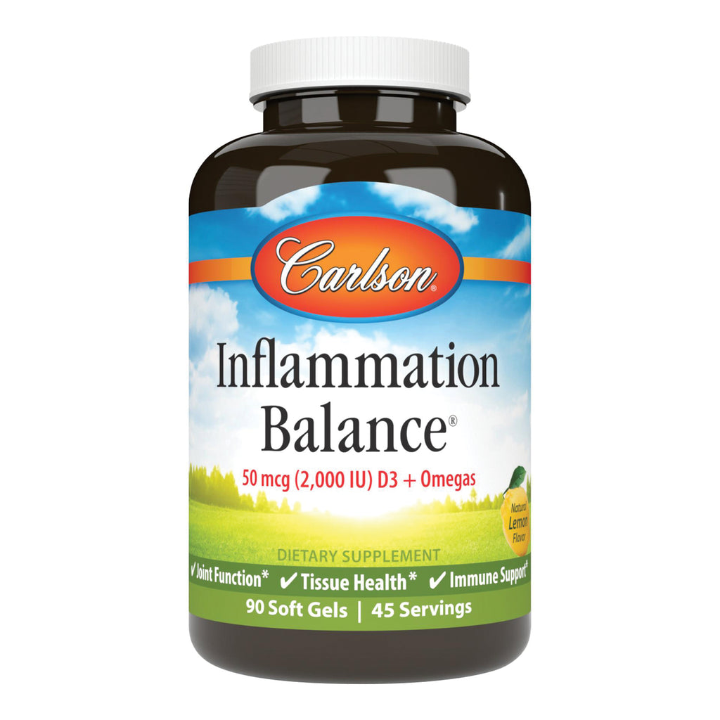 CSN159 | Carlson Inflammation Balance supplement bottle front labeled 50 mcg (2,000 IU) D3 + Omegas, 90 soft gels, lemon flavor - Thumbnail