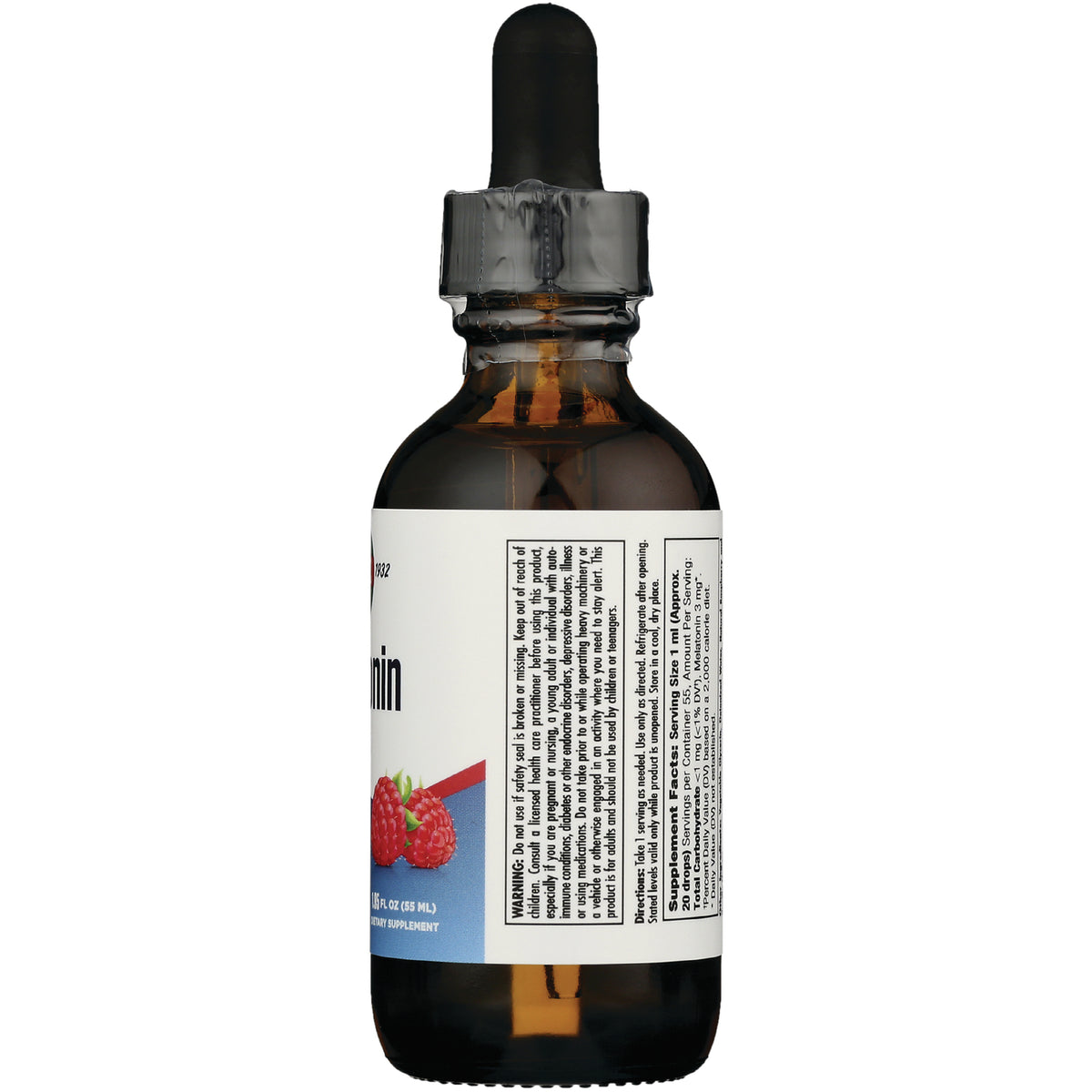 KL543 | amber dropper bottle showing back label with supplement facts panel and raspberry graphic
