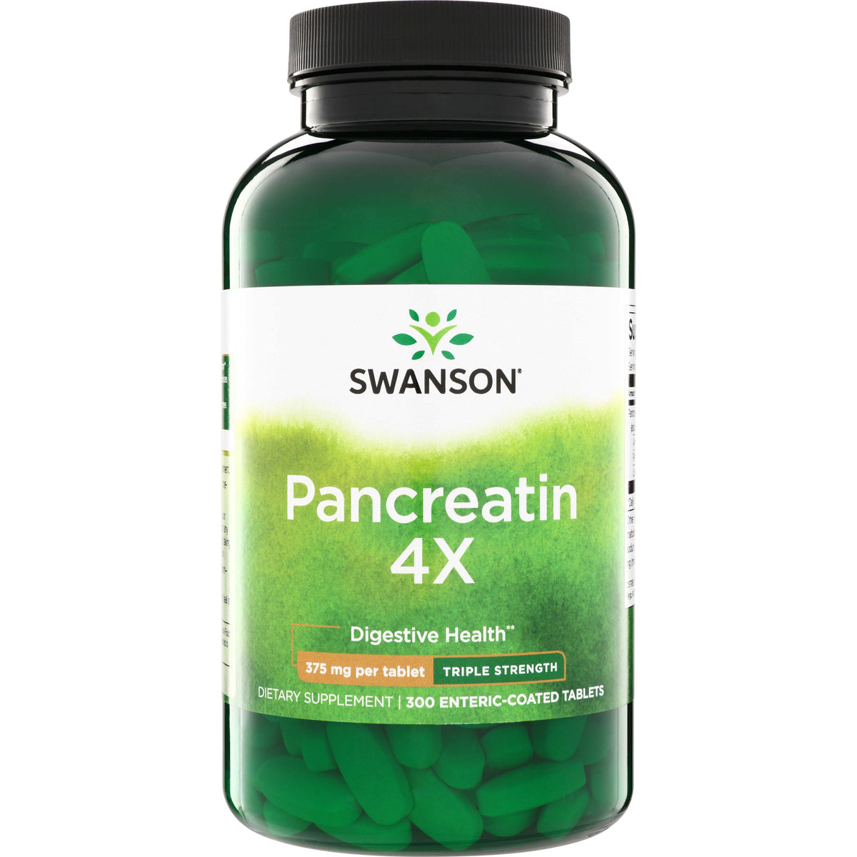 SW287 | Swanson Pancreatin 4X, Digestive Health, 375 mg per tablet, triple strength, 300 enteric-coated tablets
