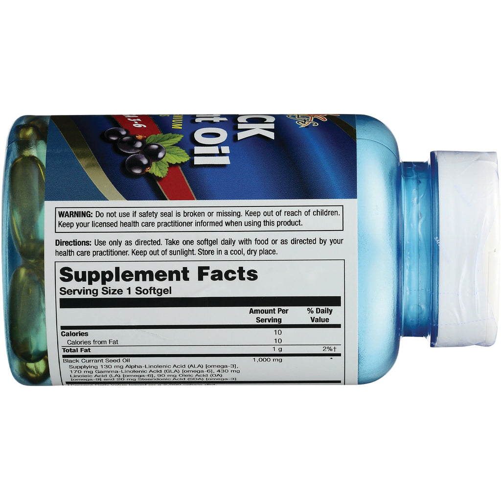HS025 | Back of blue supplement bottle showing Supplement Facts, serving size 1 softgel, warning box and softgels visible - Thumbnail