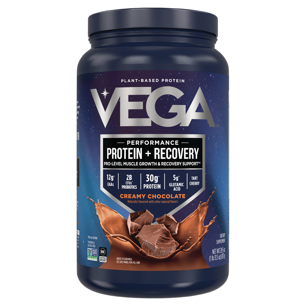 VGA004 | Vega Performance Protein + Recovery, Creamy Chocolate tub, 30g protein, plant-based powder front