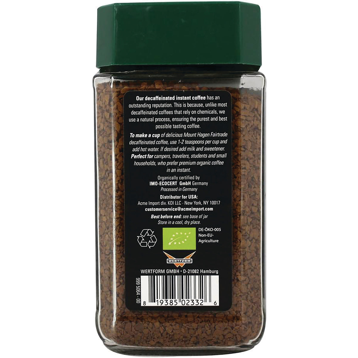 MTH005 | Back of glass jar of instant coffee showing ingredient and usage text, certifications and barcode