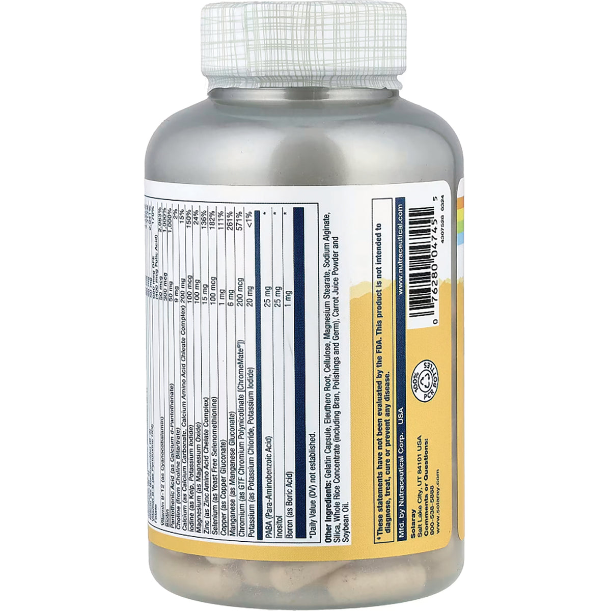 SLR414 | Solaray supplement bottle back label with Supplement Facts panel, ingredients, and barcode