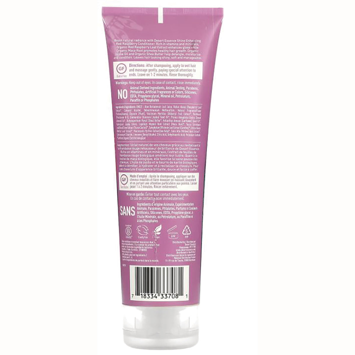 DST041 | Back of pink tube showing ingredient text, directions, certification icons and barcode