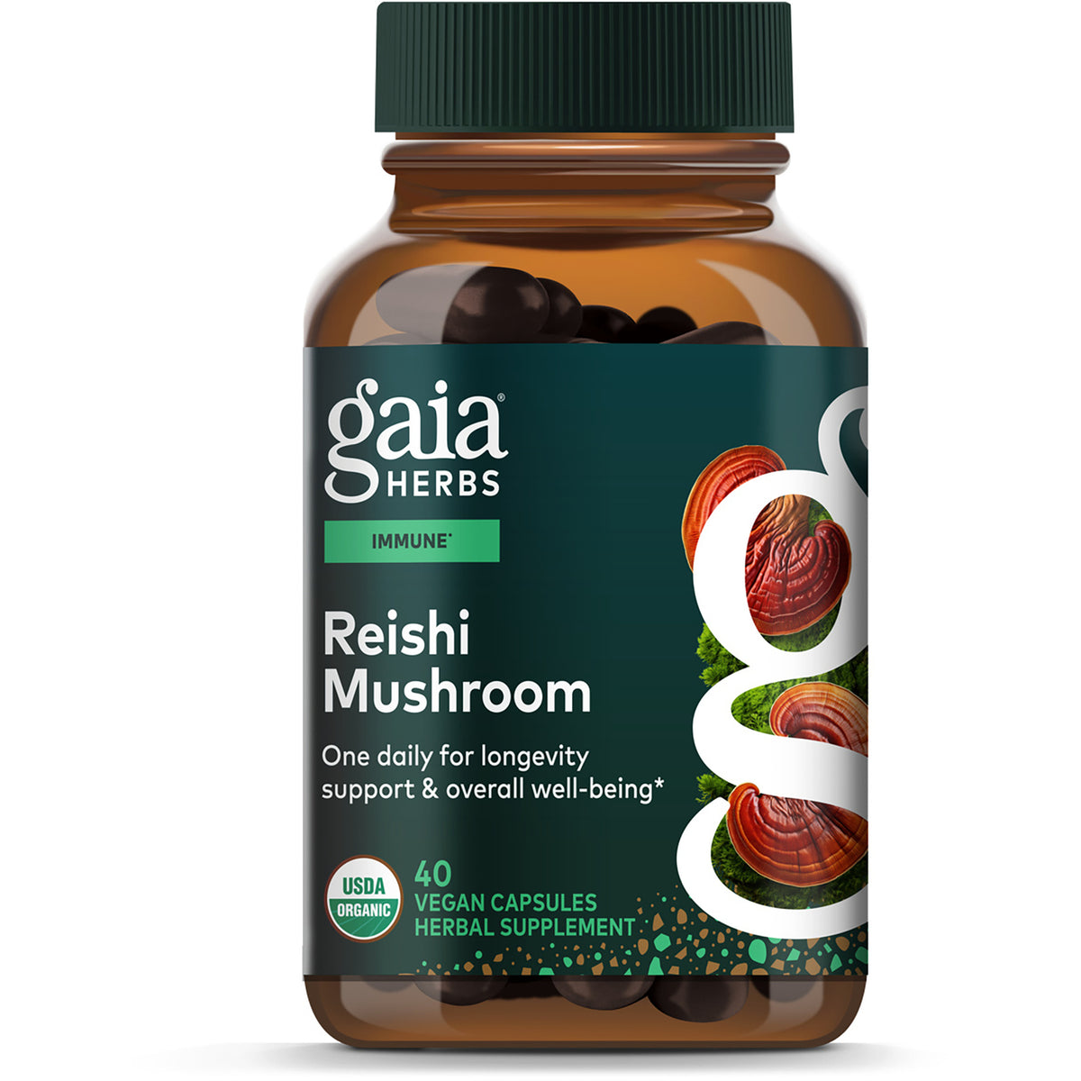 GH149 | Gaia Herbs Reishi Mushroom front of box showing Longevity Support label and 40 vegan capsules