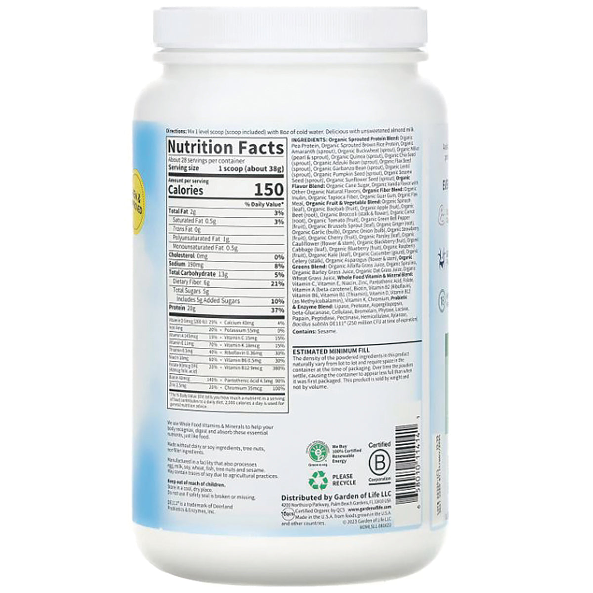 GLF061 | Back of white supplement tub showing Nutrition Facts panel, ingredient list, and barcode