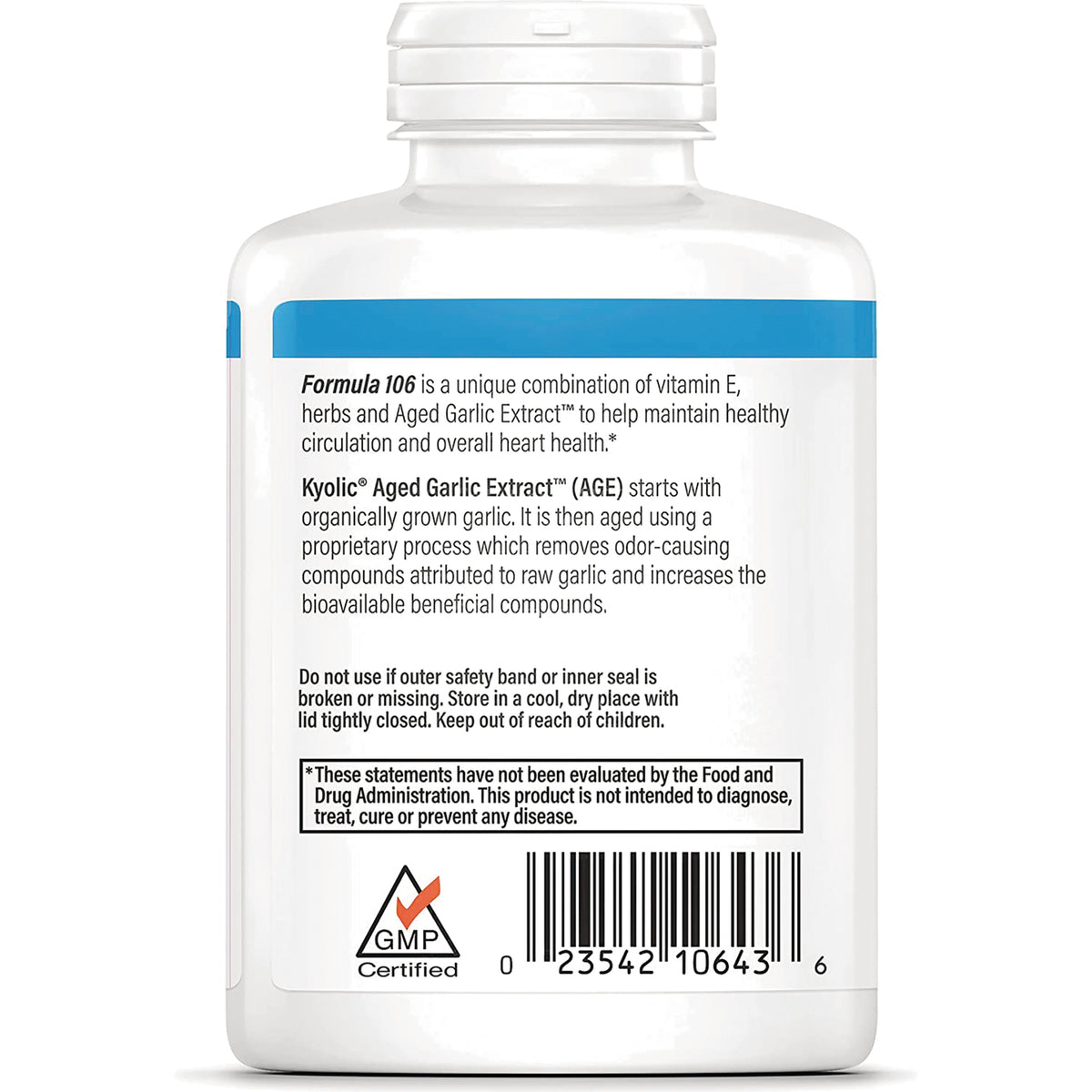KY081 | back label showing Formula 106 description, Kyolic Aged Garlic Extract information, warnings, GMP Certified logo and barcode