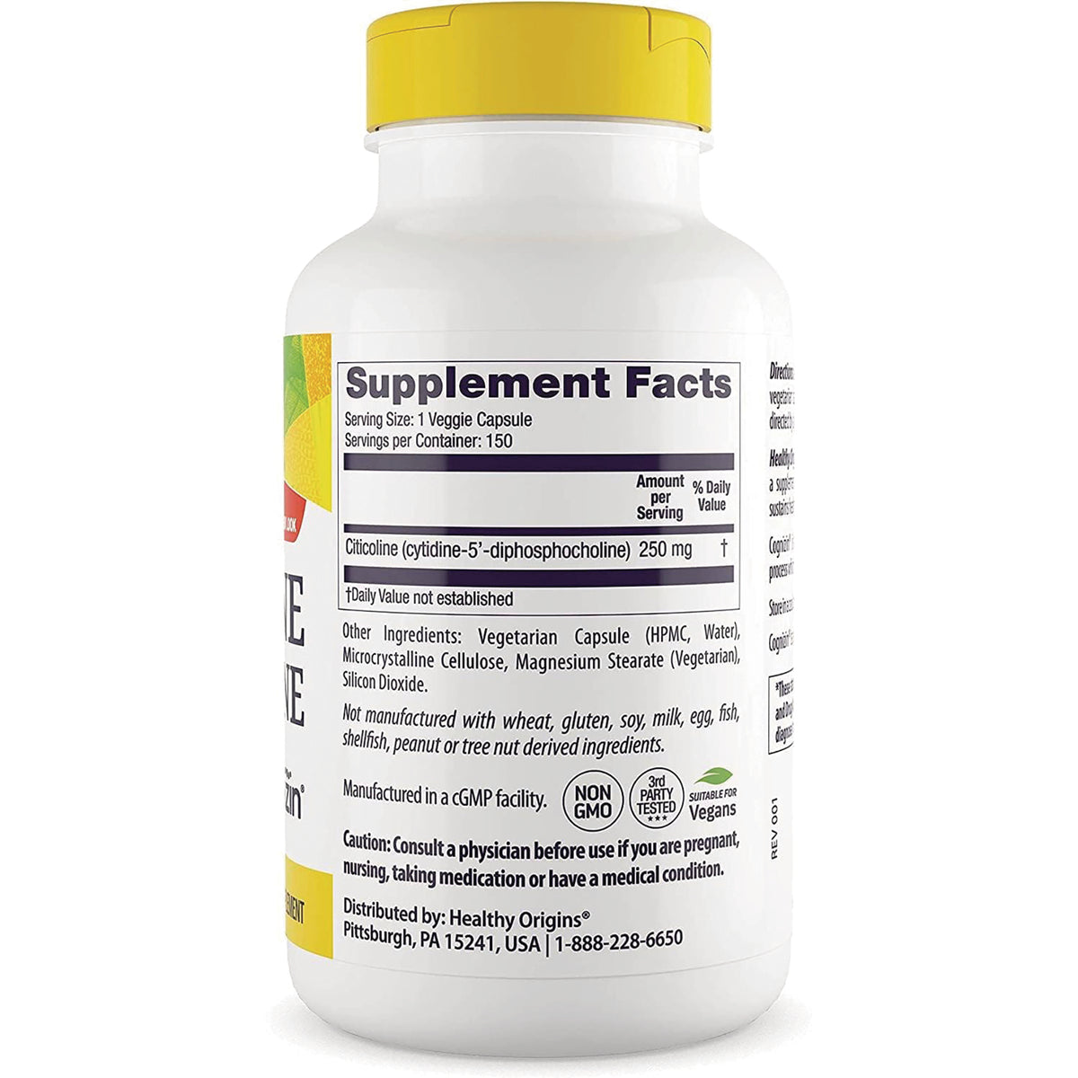 HRG009 | Back label of white supplement bottle with yellow cap showing Supplement Facts panel, ingredients, and warnings