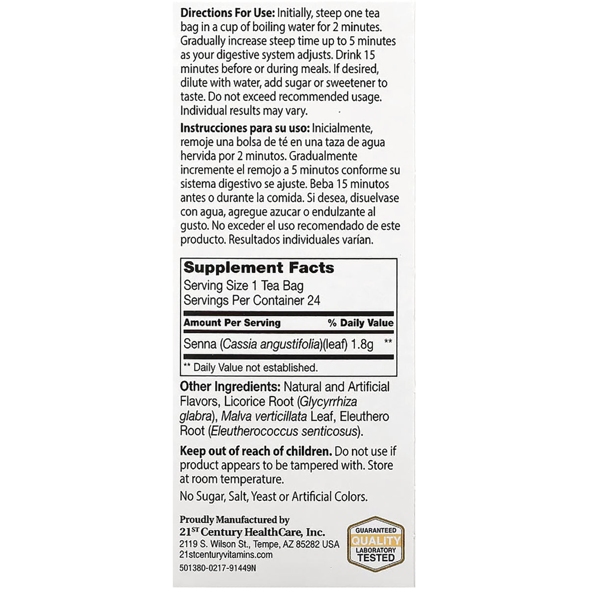 Back panel showing directions, supplement facts, serving size, ingredients, and warnings for senna tea bags