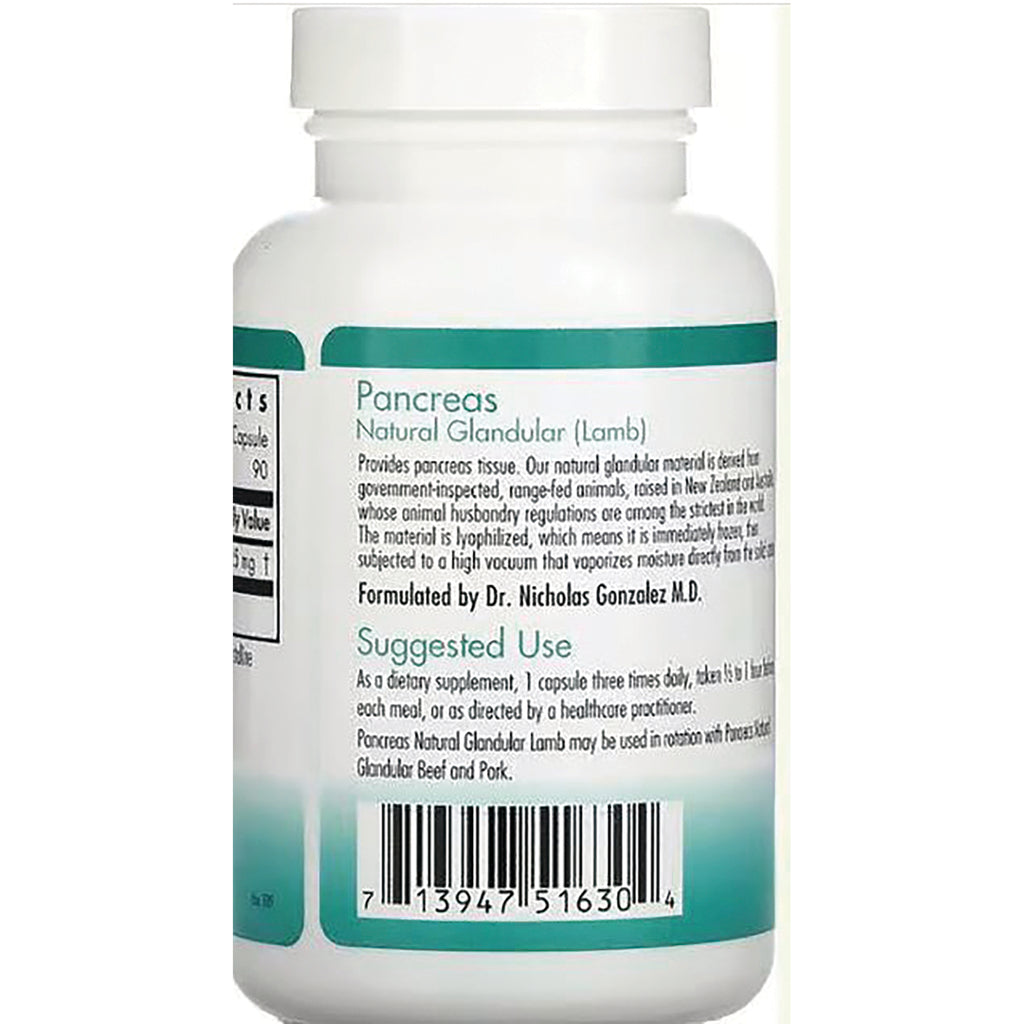NCL007 | Back of white supplement bottle labeled Pancreas Natural Glandular (Lamb) with suggested use text and barcode - Thumbnail