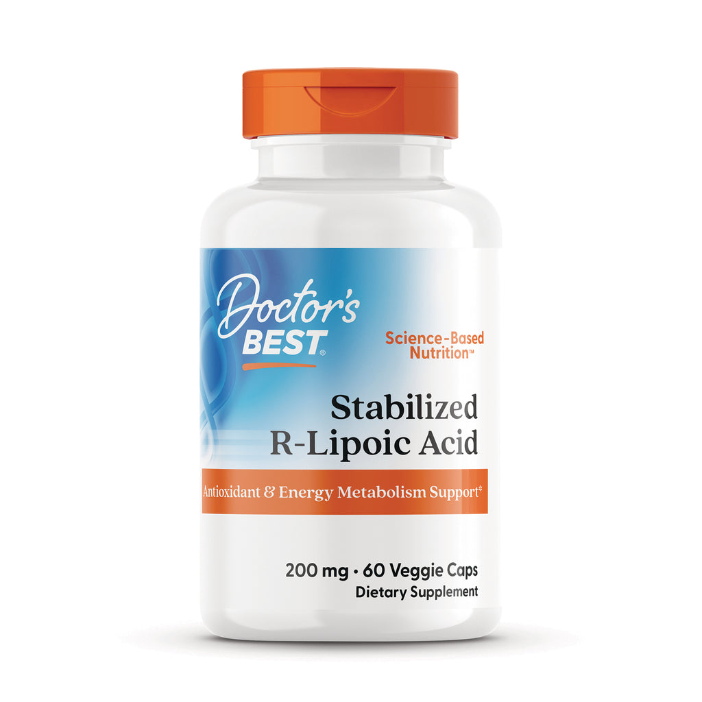 DB169 | Doctor's BEST Stabilized R-Lipoic Acid bottle, 200 mg, 60 veggie caps, white bottle with orange cap - Thumbnail