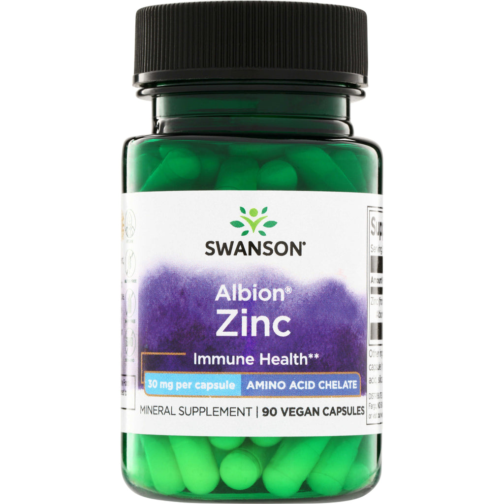 SWU065 | Swanson Albion Zinc supplement, 30 mg per capsule, amino acid chelate, 90 vegan capsules bottle front - Thumbnail