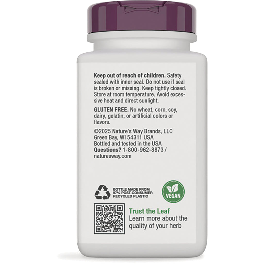 NW533 | Back label of white supplement bottle with safety warnings, gluten free and vegan icons, QR code and company information - Thumbnail