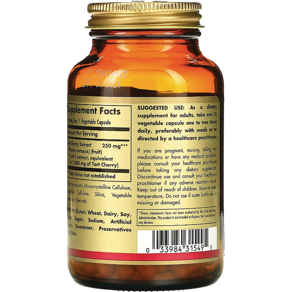SLG302 | Back of amber supplement bottle showing supplement facts panel, suggested use text and barcode