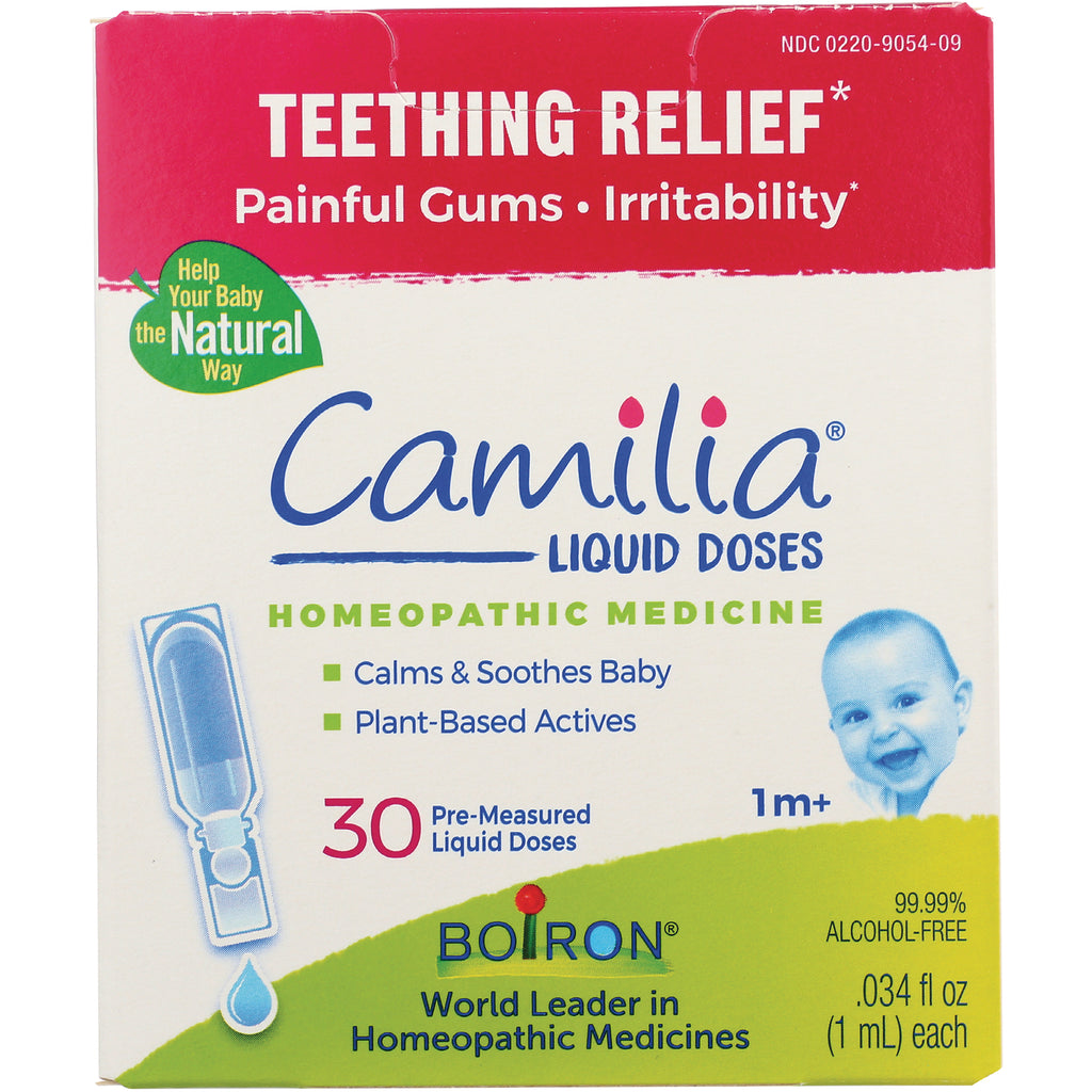 BRN050 | Camilia teething relief liquid doses box, 30 pre-measured homeopathic doses, smiling baby pictured - Thumbnail