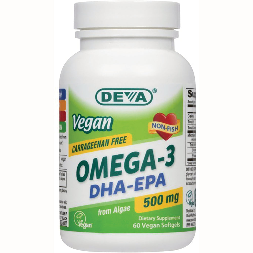 DEV041 | White bottle labeled DEVA Vegan OMEGA-3 DHA-EPA 500 mg from algae dietary supplement 60 vegan softgels - Thumbnail