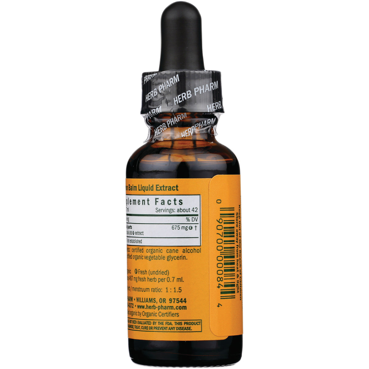 HPH058 | Amber dropper bottle back showing supplement facts panel and barcode on yellow label