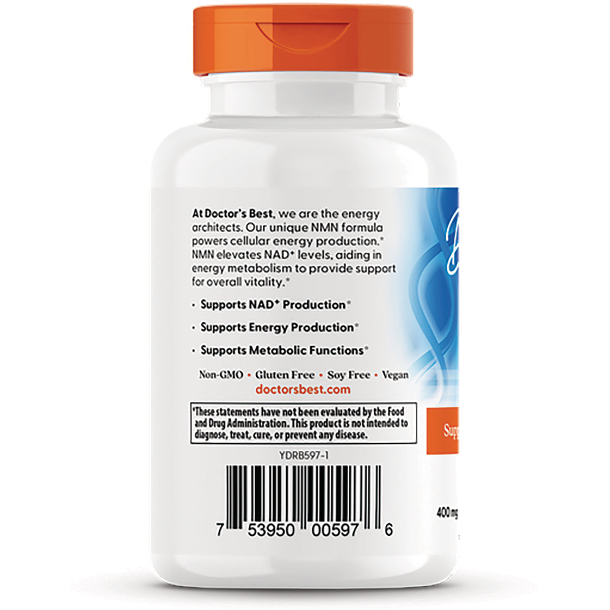 White supplement bottle back label showing claims, Non-GMO Gluten Free Vegan text and barcode