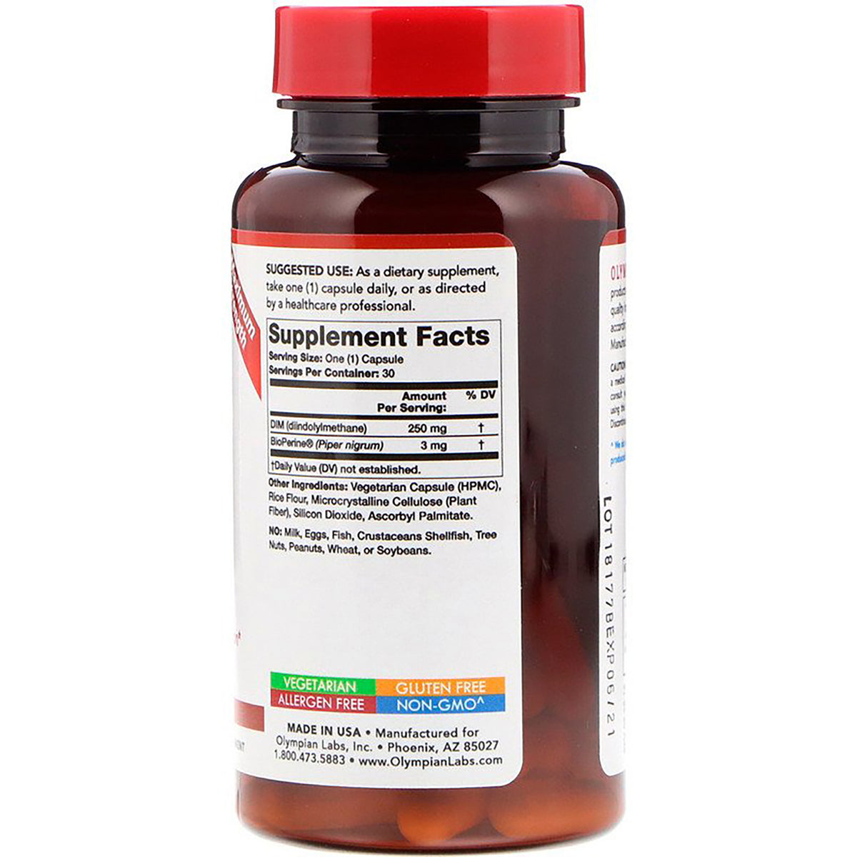 OL130 | Back of brown supplement bottle showing Supplement Facts panel and vegetarian, gluten free, non-GMO labels