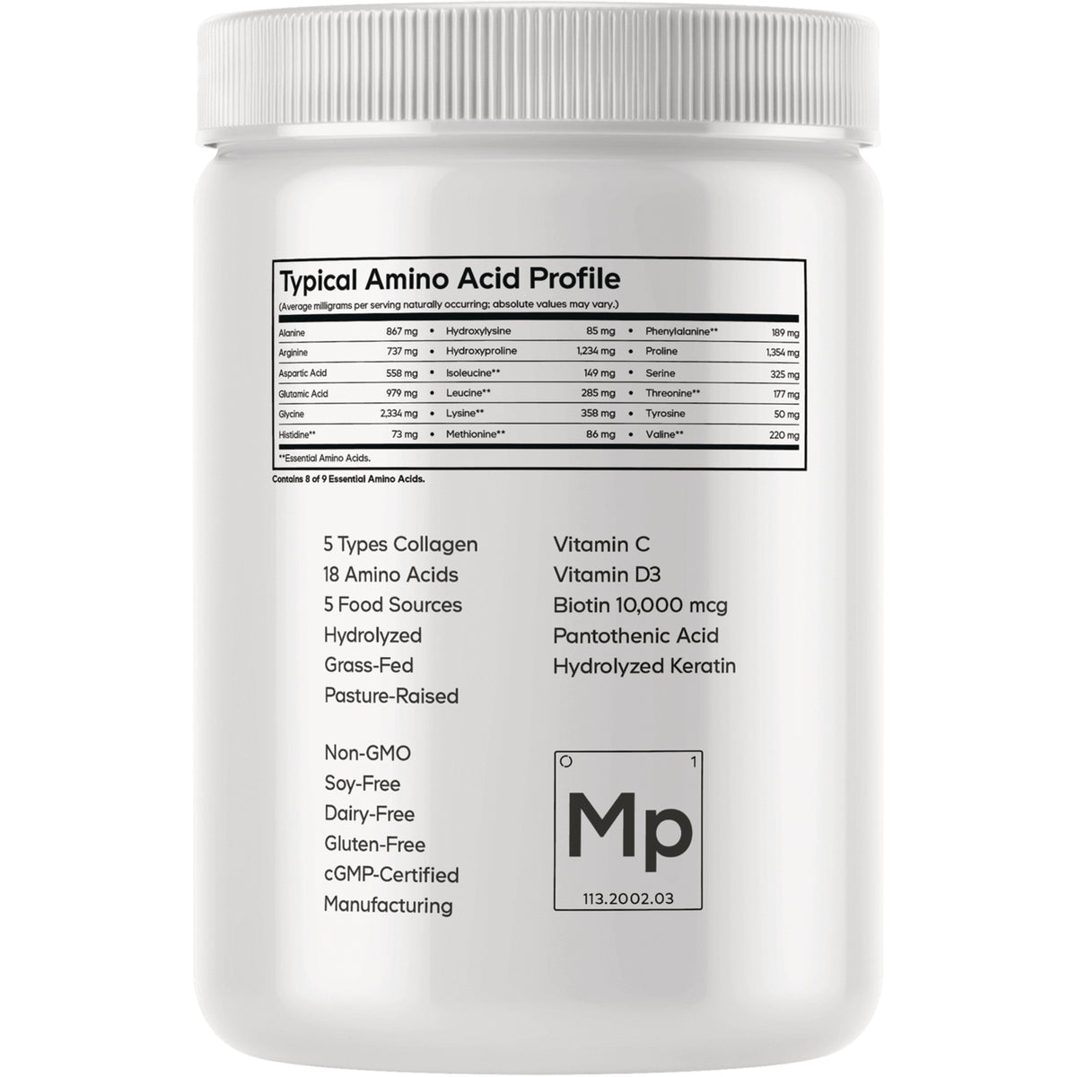 CDG029 | Back label of white supplement jar showing Typical Amino Acid Profile table and product attributes including 5 types collagen, vitamins, and non-GMO
