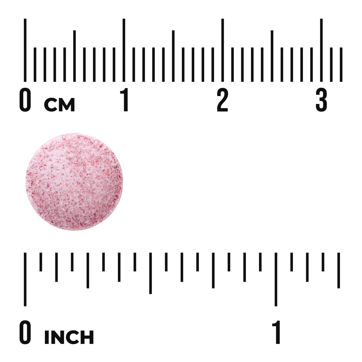 SWU122 | Pink speckled round tablet shown with cm and inch rulers for size