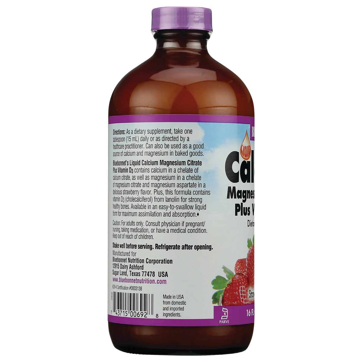 BLU093 | Back of brown supplement bottle showing directions, ingredients panel, barcode and strawberry graphic