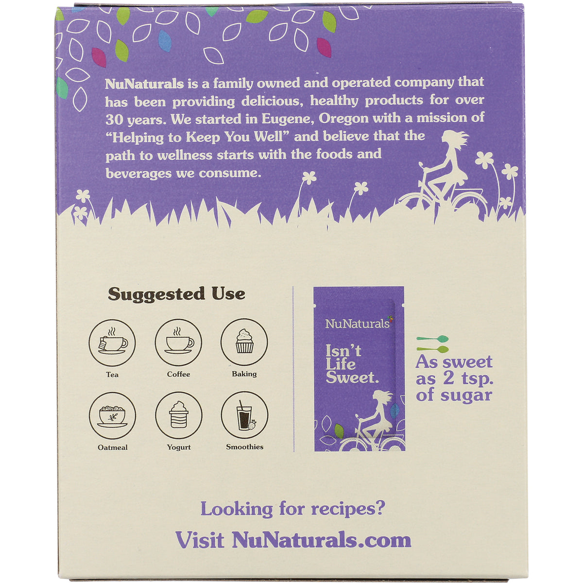 NN046 | NuNaturals product back panel with suggested use icons and text As sweet as 2 tsp. of sugar