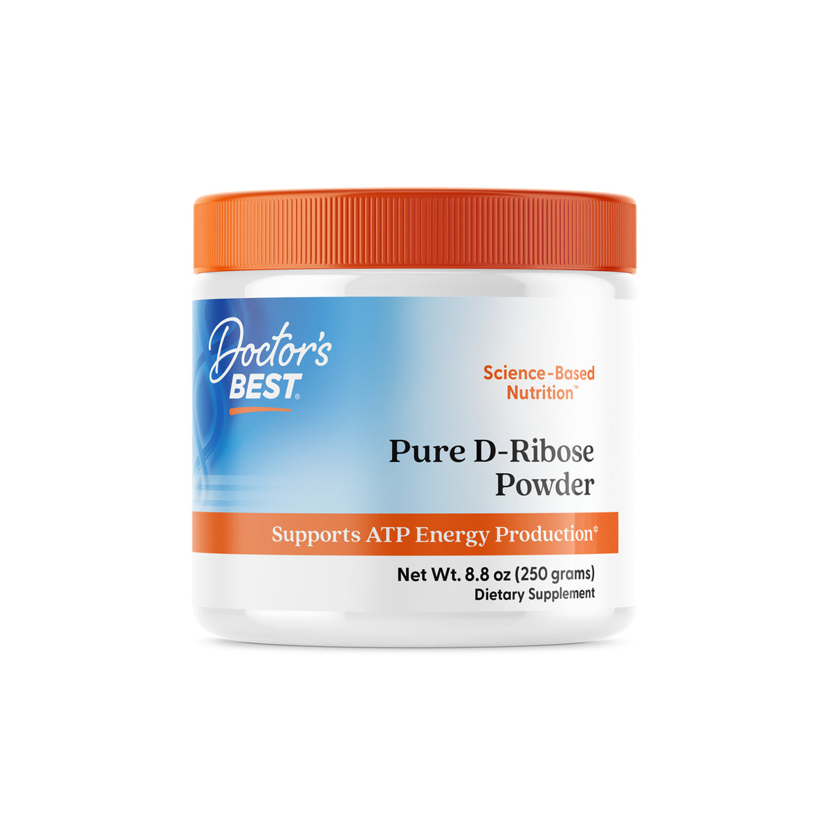 DB081 | Doctor's Best Pure D-Ribose Powder jar, 8.8 oz white container with orange lid labeled Pure D-Ribose Powder and Vegan