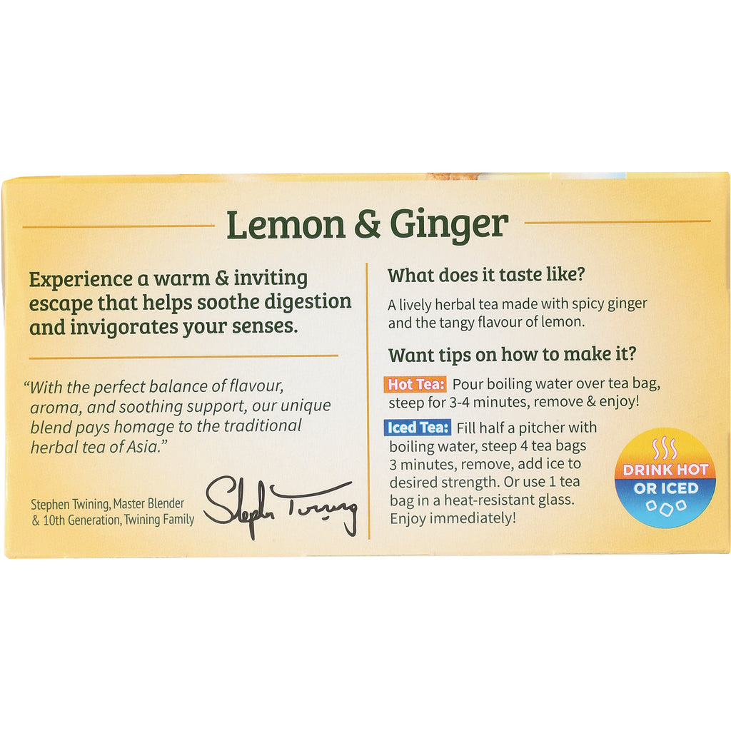 TWN017 | Lemon & Ginger herbal tea box back with taste notes, brewing tips for hot tea and iced tea, Drink Hot or Iced - Thumbnail