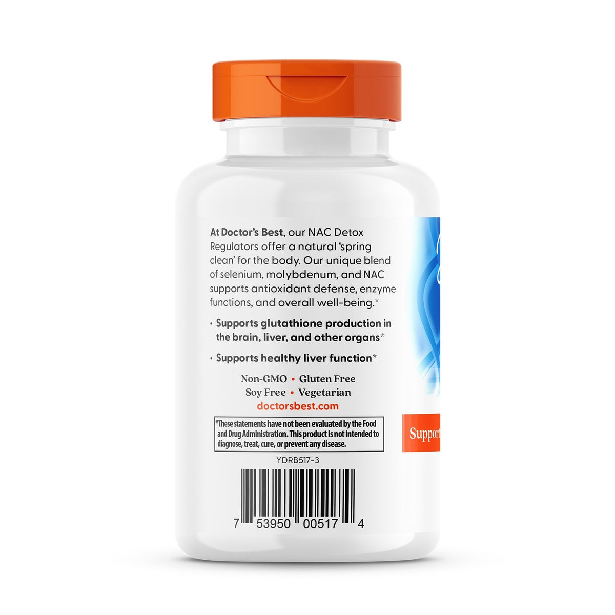 DB268 | back label showing Doctor's Best NAC Detox Regulators text, benefits statements and barcode on white bottle