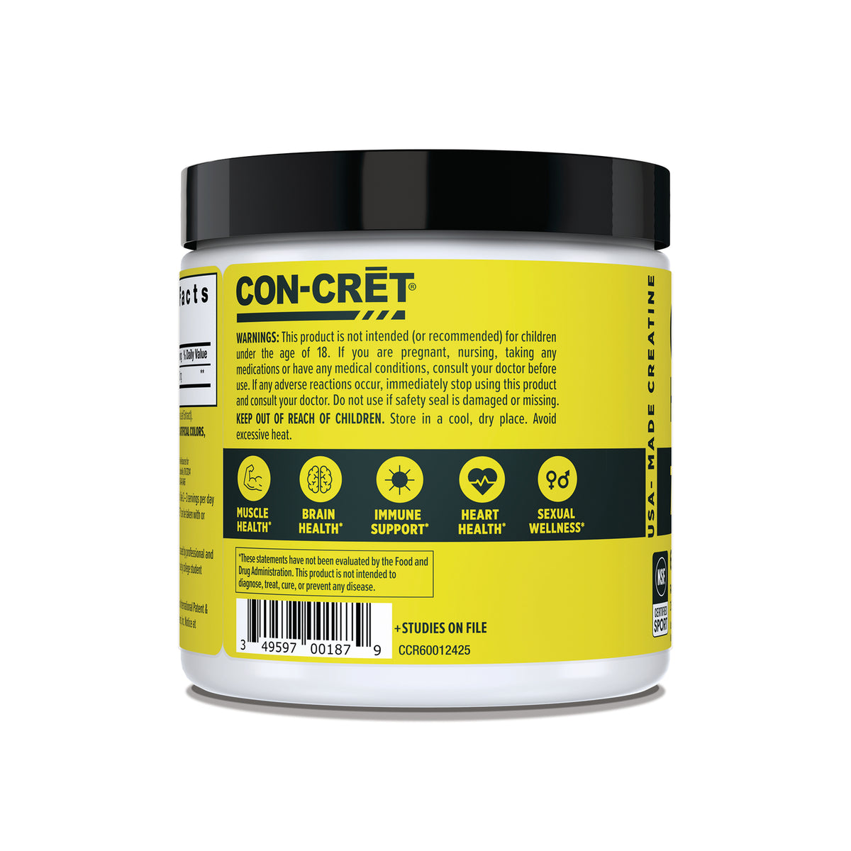 CNC004 | CON-CRET supplement jar showing warnings, health claims, barcode, and NSF Certified for Sport seal