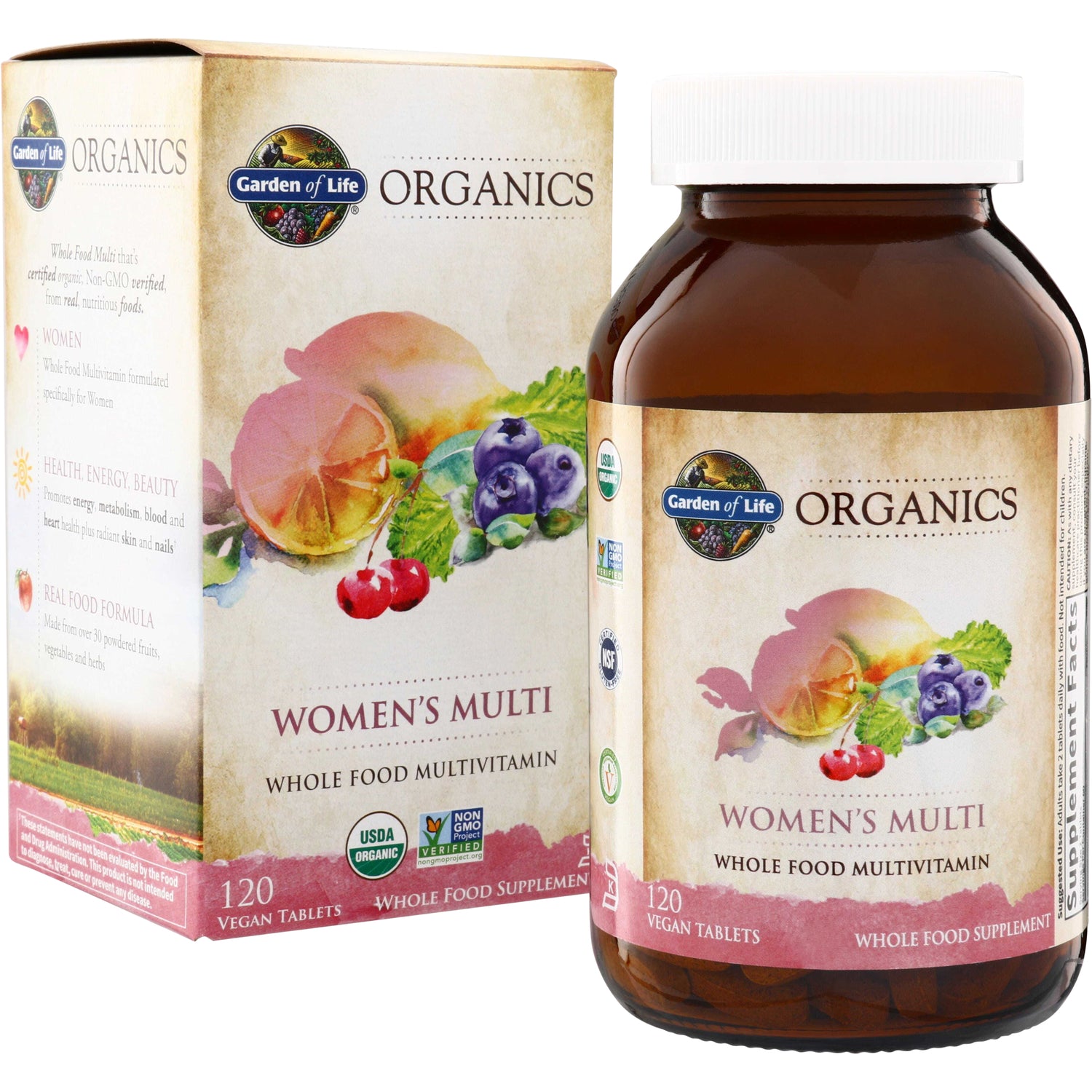 GLF178 | Garden of Life Organics Women's Multi whole food multivitamin, 120 vegan tablets, bottle and box