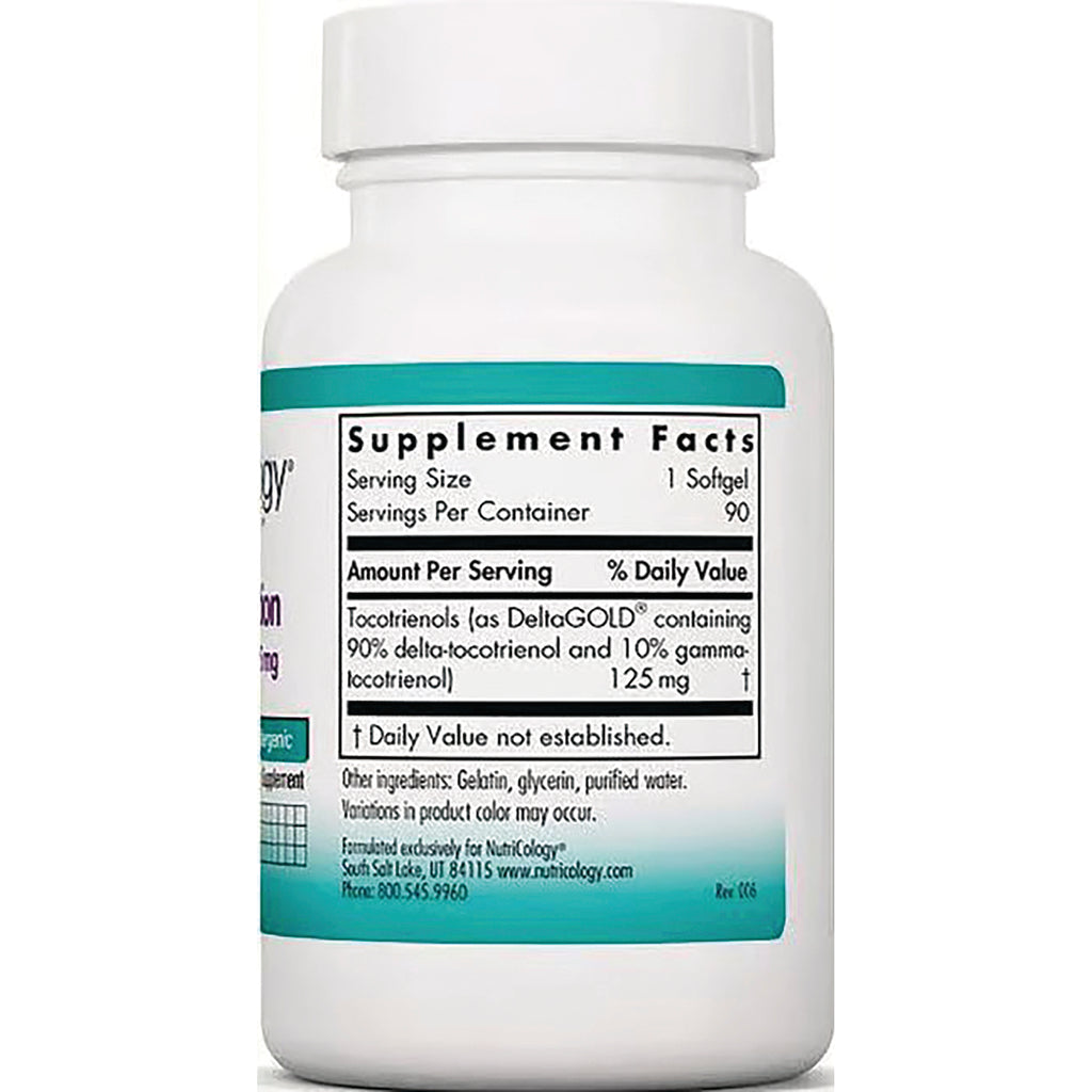 NCL146 | Back label of white supplement bottle showing Supplement Facts panel, serving size 1 softgel, 90 servings, tocotrienols 125 mg - Thumbnail