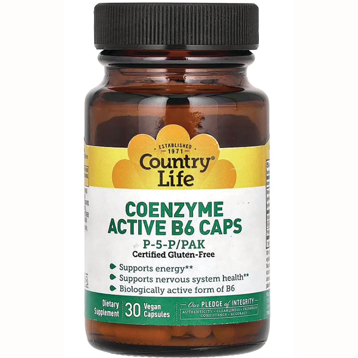 CRL561 | Country Life Coenzyme Active B6 Caps bottle, P-5-P/PAK, certified gluten-free, 30 vegan capsules