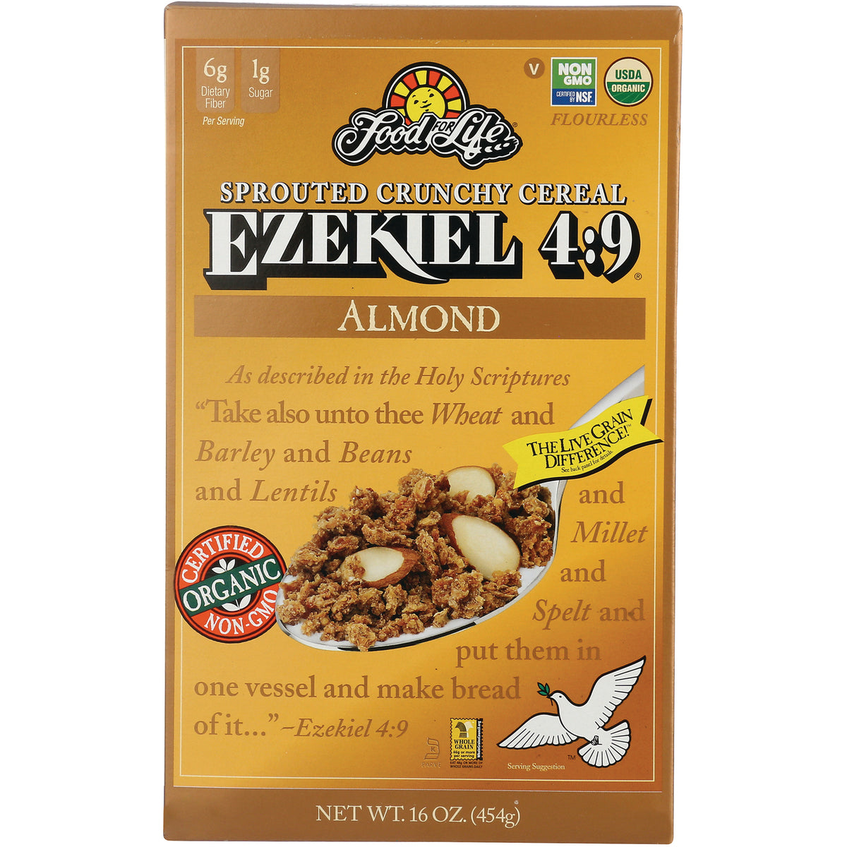 FFL001 | Food for Life EZEKIEL 4:9 Almond sprouted crunchy cereal box showing bowl of cereal and organic badge