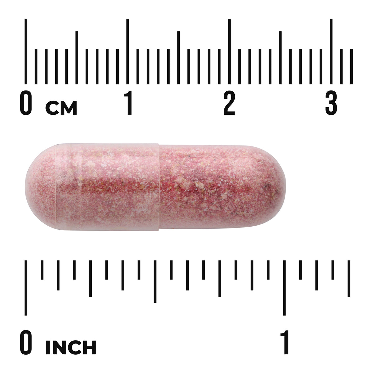 SW1107 | Pink capsule shown to scale with cm and inch rulers