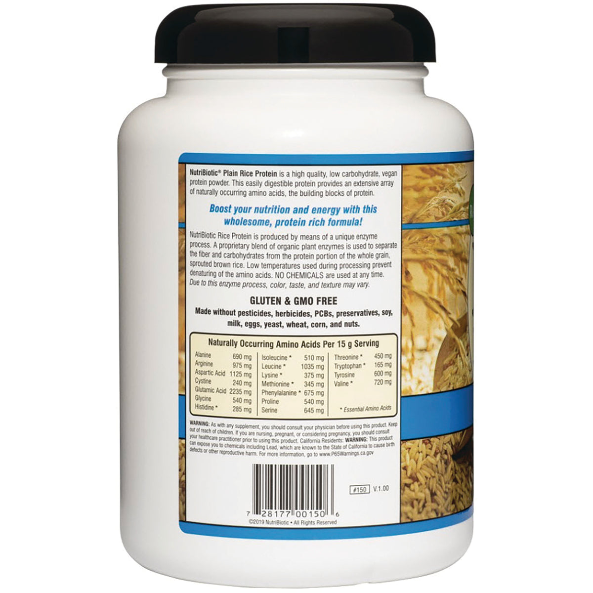 NUB005 | back of white supplement jar showing nutrition facts panel, amino acid table and barcode