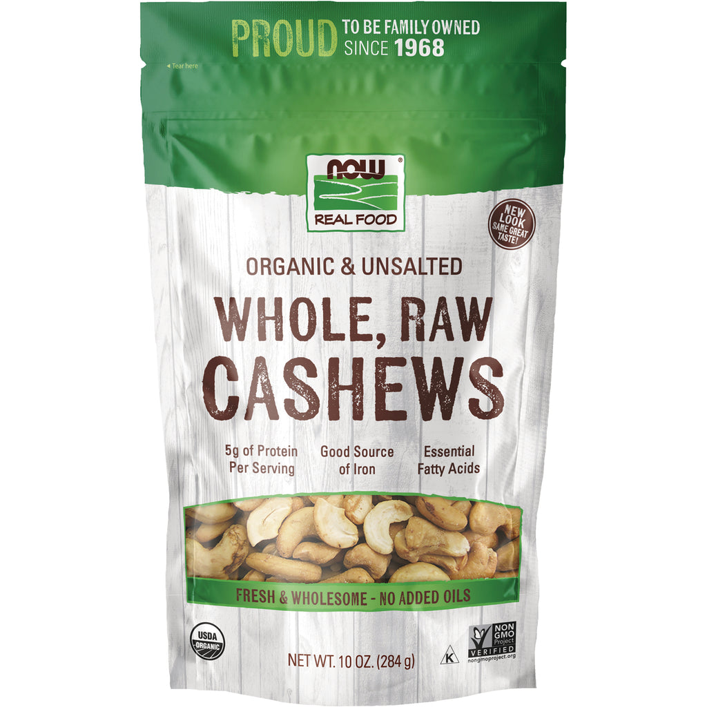 NWF1030 | NOW Real Food pouch of organic unsalted whole raw cashews with clear front window - Thumbnail